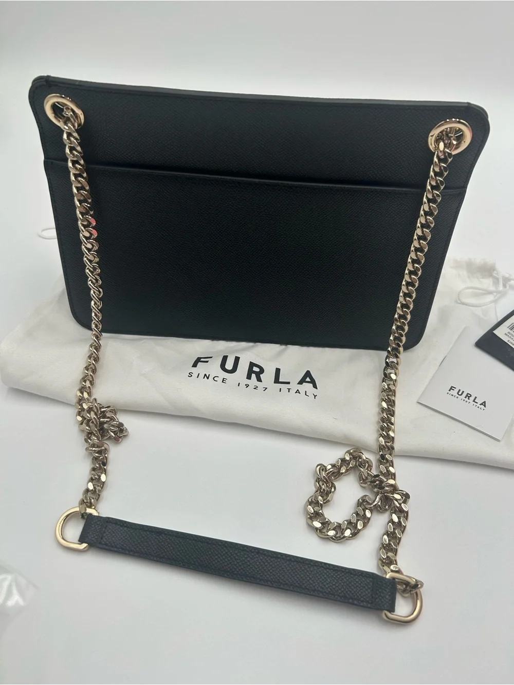Furla Black Leather Shoulder Bag with Gold Chain Hardware